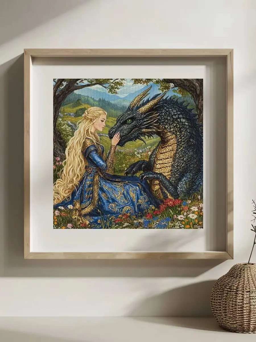 1 Stück 30x30 cm/11,8 Zoll Prinzessin und Drache Gestempeltes Kreuzstich-Set DIY-Kit 11/14/16CT DIY-Stickset DIY-Kreuzstich-Set – Detail 1