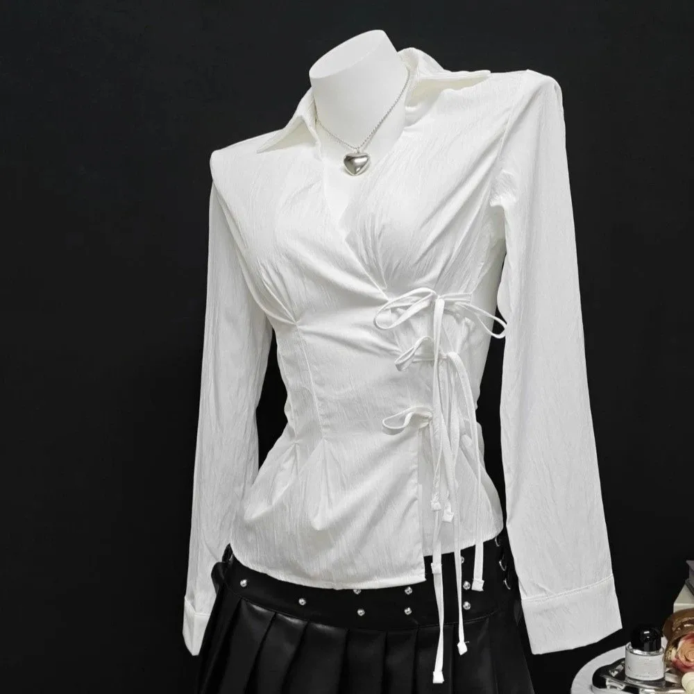 Street-Style Langarm Slim-Fit Hemd Harajuku Y2K Damen Tailliertes Hemd V-Ausschnitt Büro Ästhetische Bluse Frühling Sommer – Detail 4
