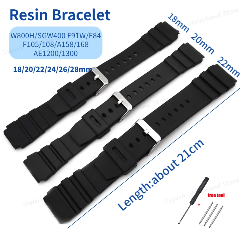 카시오 소프트 송진 스포츠 스트랩 범용 시계 밴드, 18mm, 20mm, 22mm, 24mm, 26mm, 28mm, SGW400, F91W, F84, F105, 108, A158, 168, AE1200, 1300