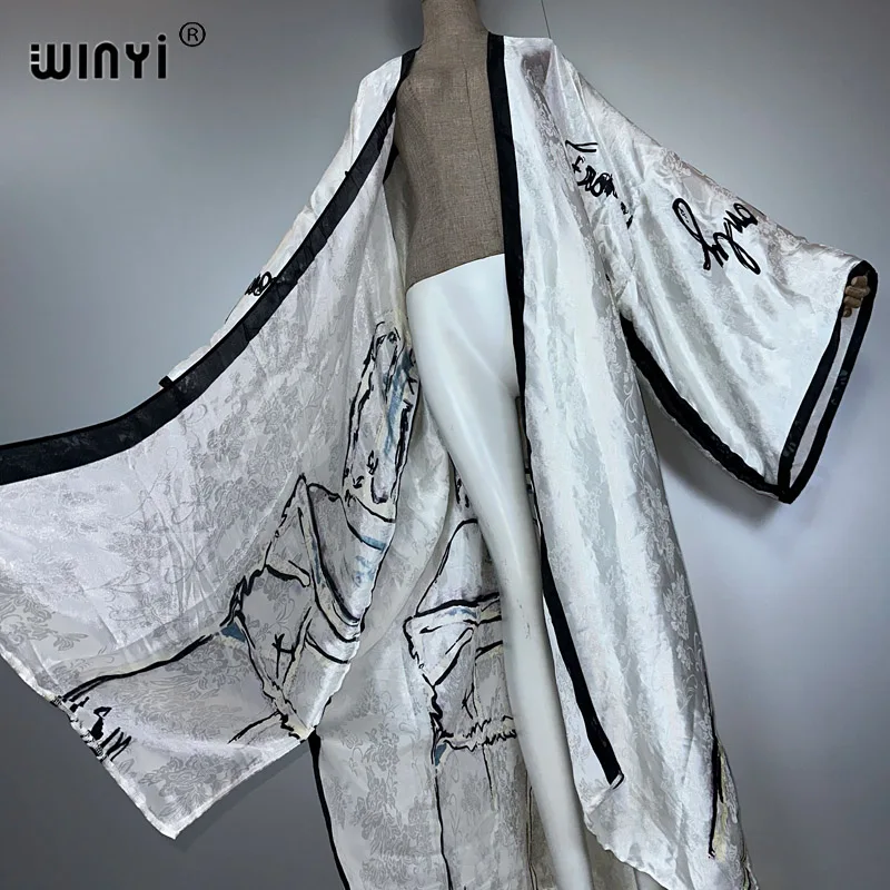 WINYI 아프리카 보헤미안 프린트 기모노 롱 드레스 여성용 가디건 비치 의상 카프탄 비치 커버업 파티 드레스 섹시 맥시 코트