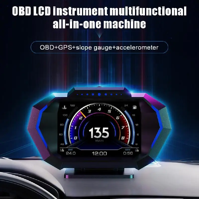 OBD + GPS HUD P24 차량 OBD 헤드 업 디스플레이 HUD 온보드 컴퓨터 디지털 속도계 워터 펌프 연료 소비량 경사 측정기