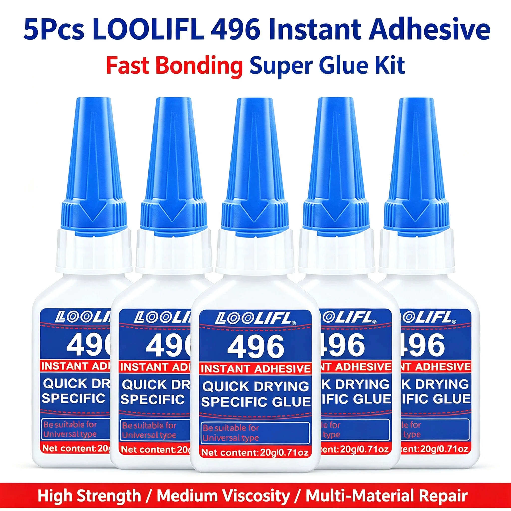 1-5 Pieces L0Olifl496 Instant Adhesive Set, Each 20g, Super Glue Kit, Cyanoacrylate Fast Bonding Multi-Purpose Repair Glue, High-Strength Medium Viscosity Super Glue for Plastic, Metal, Wood, Ceramics, Home Diy, Crafts, Models, Industrial Small Parts Assembly Glue Set