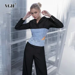 VGH Hit Color Set di due pezzi per donna colletto dentellato giacca a maniche lunghe pantaloni a gamba larga a vita alta Patchwork Denim Set femminile