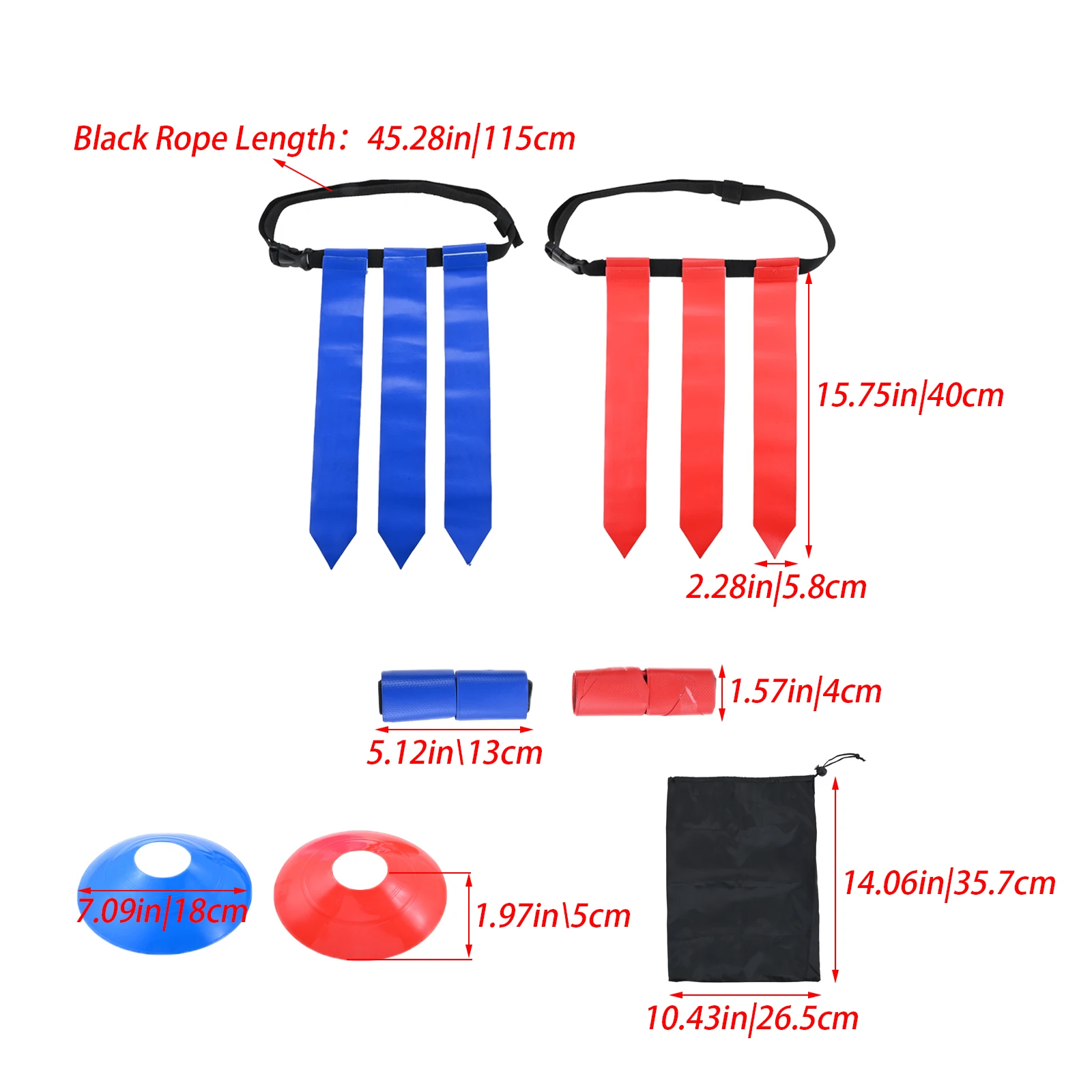 A Rugby Flag Set Includes 8 Sets of Multi-color Flags (Black/White Belts + D-ring Buckle + 2/3 Ribbons Styles) with Storage Bag