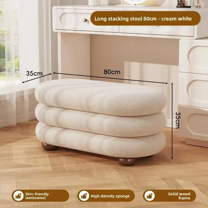 Light luxury imitation lamb wool dressing stool, soft cushion dressing stool, solid wood stacking stool, shoe changing stool view 6