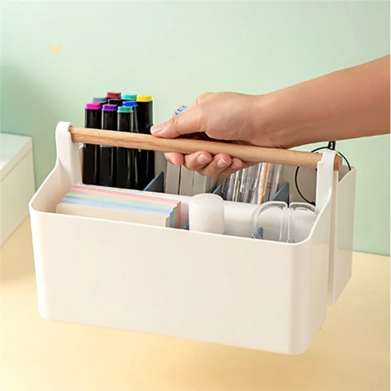 2パック ペンホルダー デスクキャディ 木製ハンドル付き アートクラフト ストレージオーガナイザー 調節可能なコンパートメント付き (ホワイト/イエロー)