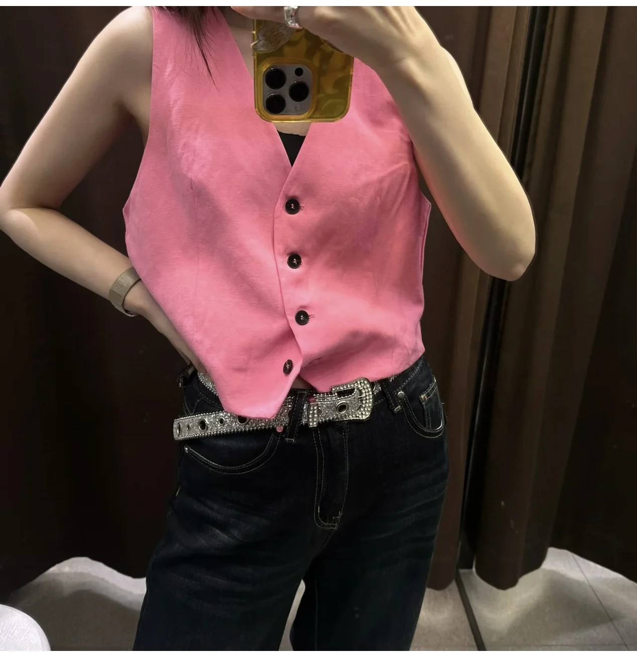 Pink vest 2024 traf summer new cotton and linen blend side slit V-neck button fashion casual vest women