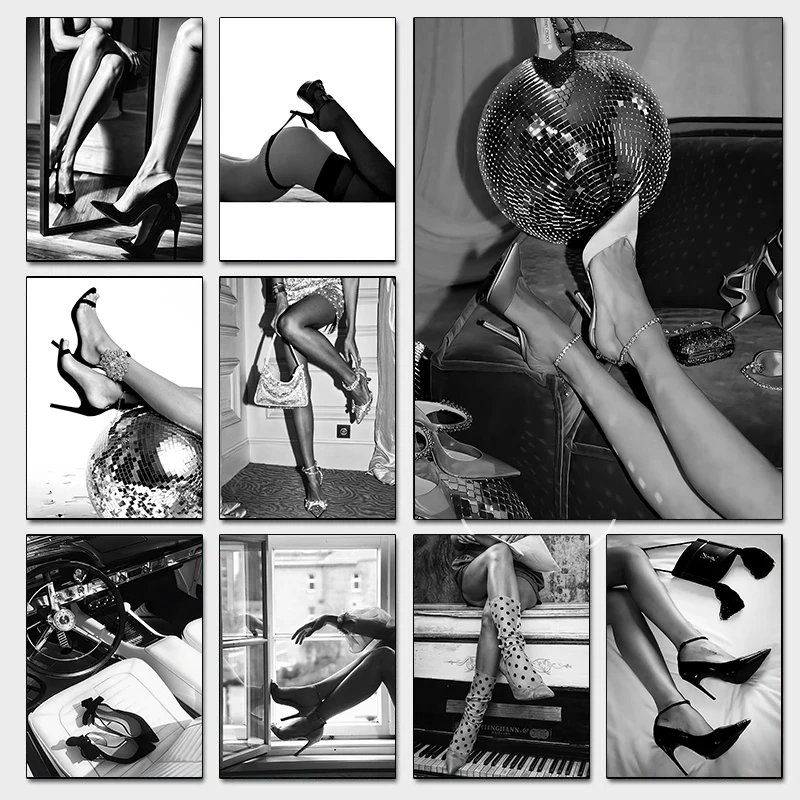 Fashion Luxury Black And White Heels Posters Disco Ball Minimalistic Prints Canvas Painting Wall Pictures Home Girl's Room Decor