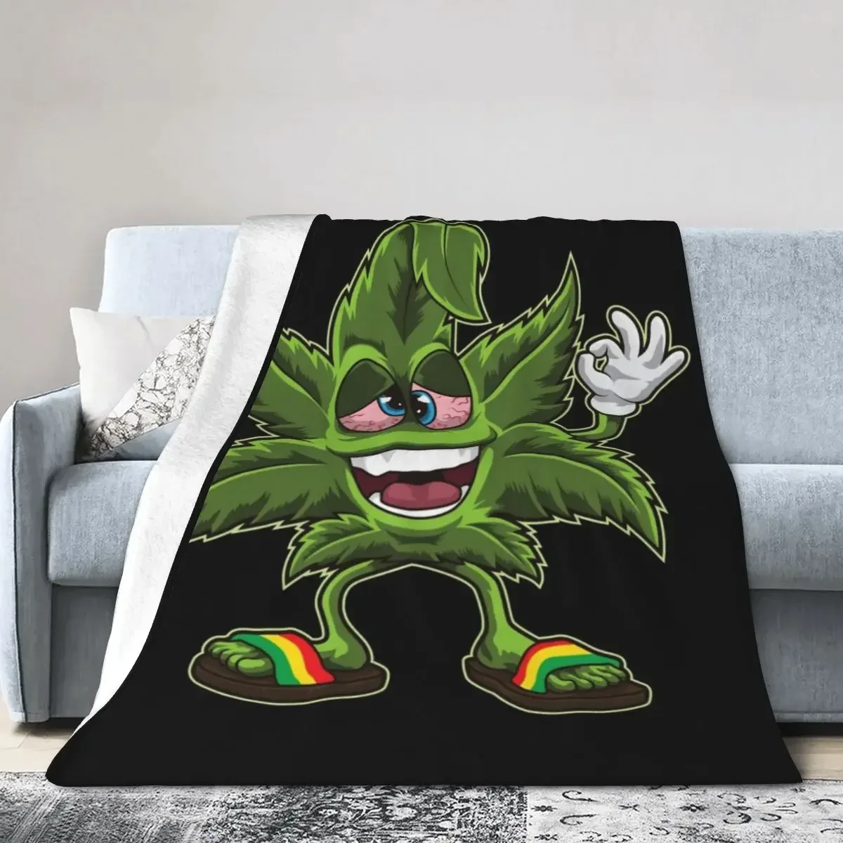 Stoned Leaf Weed Smoking Cartoon Blanket Soft Warm Flannel Throw Blanket Bedding for Bed Living room Travel Home Couch