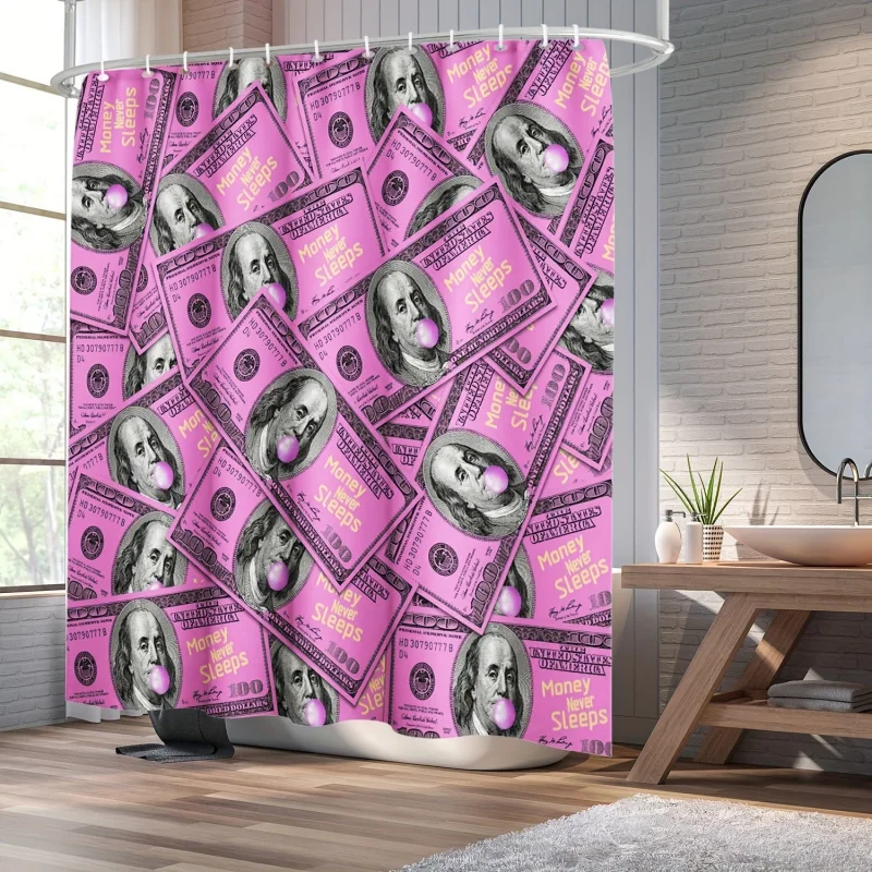 1pc Art Money , Cash Theme Decor Shower , Waterproof Fabric Polyester Bathroom Curtain With Hooks,