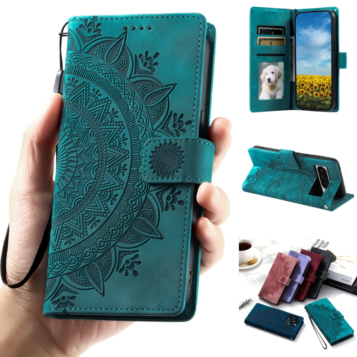 Geprägte Totem-Leder-Handyhülle für Google Pixel 10 9 8 Pro XL 9A 8A 7A 6A 7 Pro, Halterung, Flip Wallet, Kartenhalter-Abdeckung, Etui