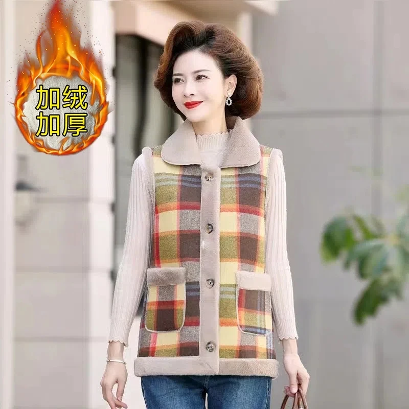 New Wear On Both Sides Plush Vest Jacket For Women Autumn Winter Add Velvet Warm Sleeveless Plaid Coat Middle-aged Mother Vests