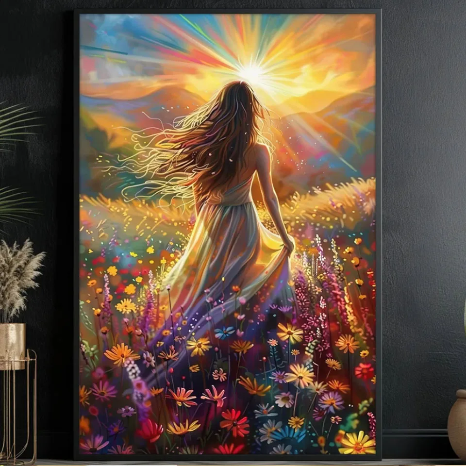 Kits de pintura de diamante DIY de mujer en campo de flores, mosaico artístico de diamantes de puesta de sol para decoración del hogar
