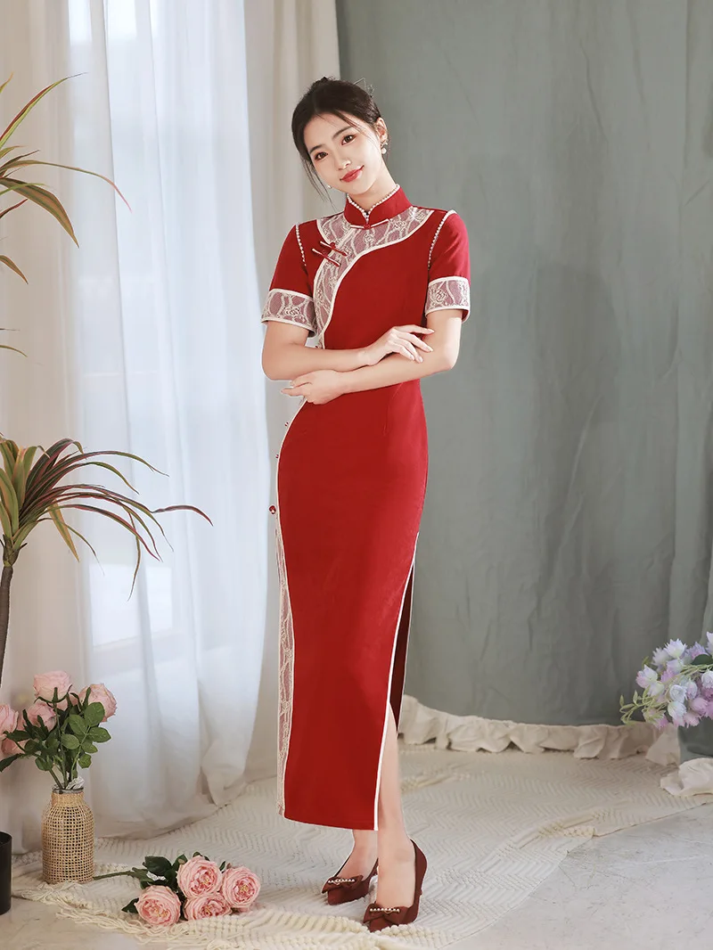 

Women Novelty Beading Lace Cheongsam Elegant Mandarin Collar Long Party Wedding Dress Slim Bodycon Qipao