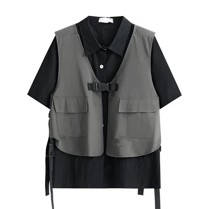 2025 Men's and Women's Same Suit Korean Version Loose Short-sleeved Shirt + Tooling Functional Wind Vest Two-piece Set Tide