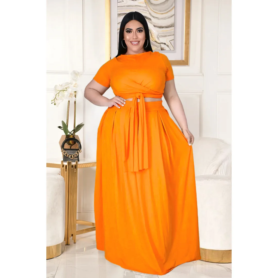 Plus Size O-neck Lace-up Cross Tie Large Swing Long Skirt 2-piece Set Crop Top Casual Elegant Suits Women Solid Party Clothing