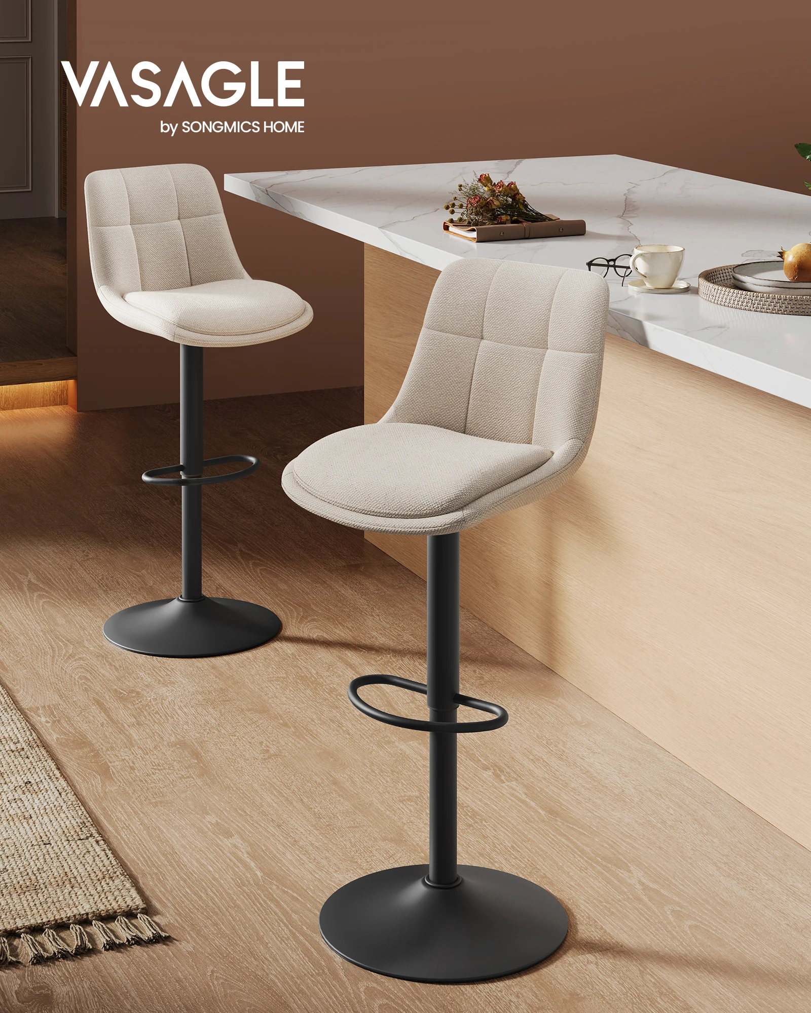 VASAGLE Juego de 2 Taburetes de Bar, Sillas Altas Giratorias Regulables en Altura, Sillas de Cocina con Respaldo y Reposapiés, Comedor, Mostrador, Acero, Marrón Camello