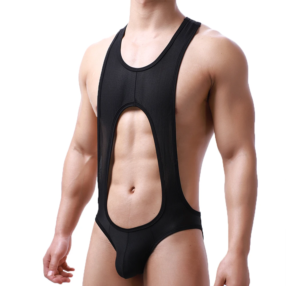 Sexy Men Undershirts Leotard Jockstrap Mesh Breathable Bodysuits Fetish Erotic Open Butt Rompers Wrestling Singlet Underwear 2XL