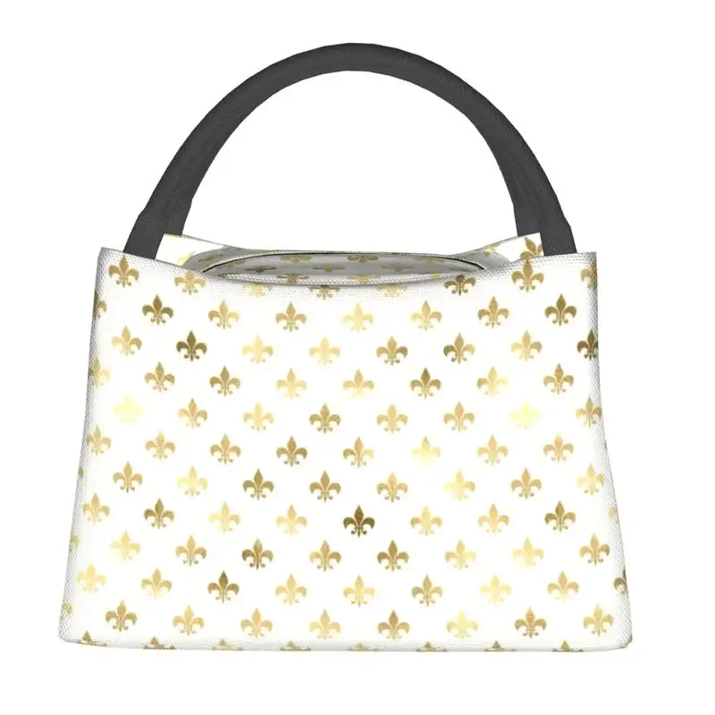 Elegant Gold And White Fleur De Lis Pattern Insulated Lunch Bags for Camping Travel Lily Flower Resuable Bento Box Women