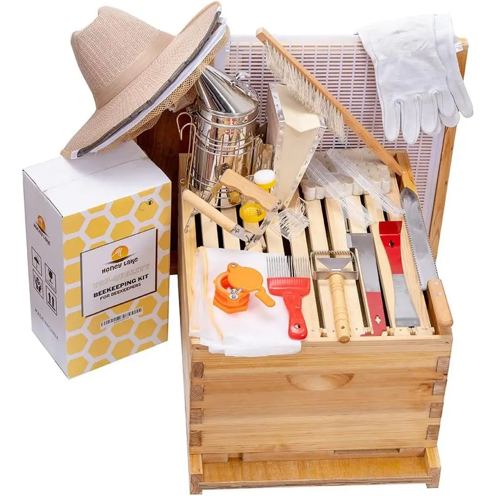 Beginner's Essential Beekeeping Kit: Wax-Coated Deep Hive Box, Smoker, Tools, Brush, Gloves, and Protective Hat