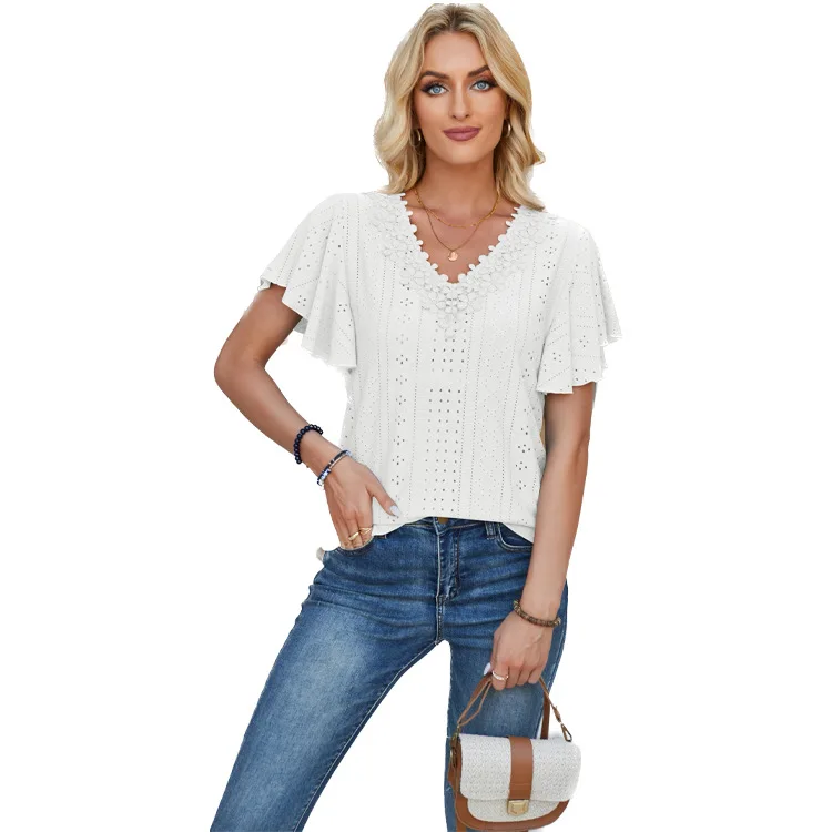 New 2024 Women's Summer Top Lace V-neck Ruffle Sleeve Solid Color Loose Fitting T-shirt Top Women Multiple Colors Available