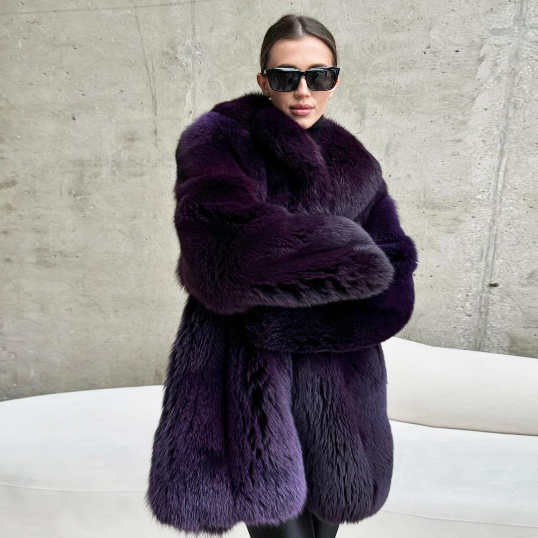 Winter Luxury Woman Genuine Natural Fox Fur Lapel Coat Lady Fashion Elegant Real Fur Thick Overcoat