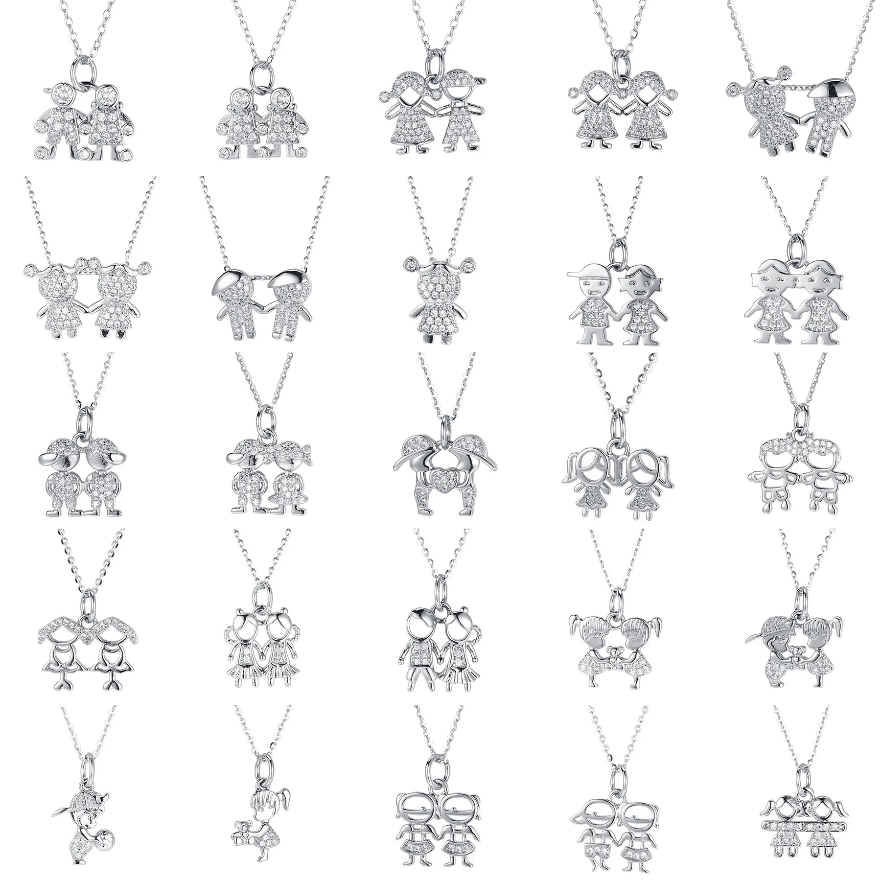 Pure 925 Silver Necklace with Various Kinds of Children Pendant Set with Zircon,Adorable Sweet Style as Gift to Orphanage Kids