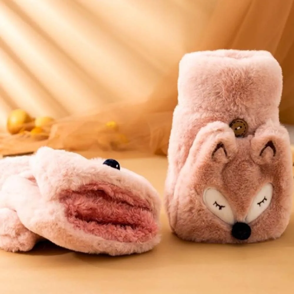 Cute Faux Rabbit Hair Animal Mittens Soft Windproof Flip Gloves Warmer Furry Cartoon Anti-cold Mittens Outdoor