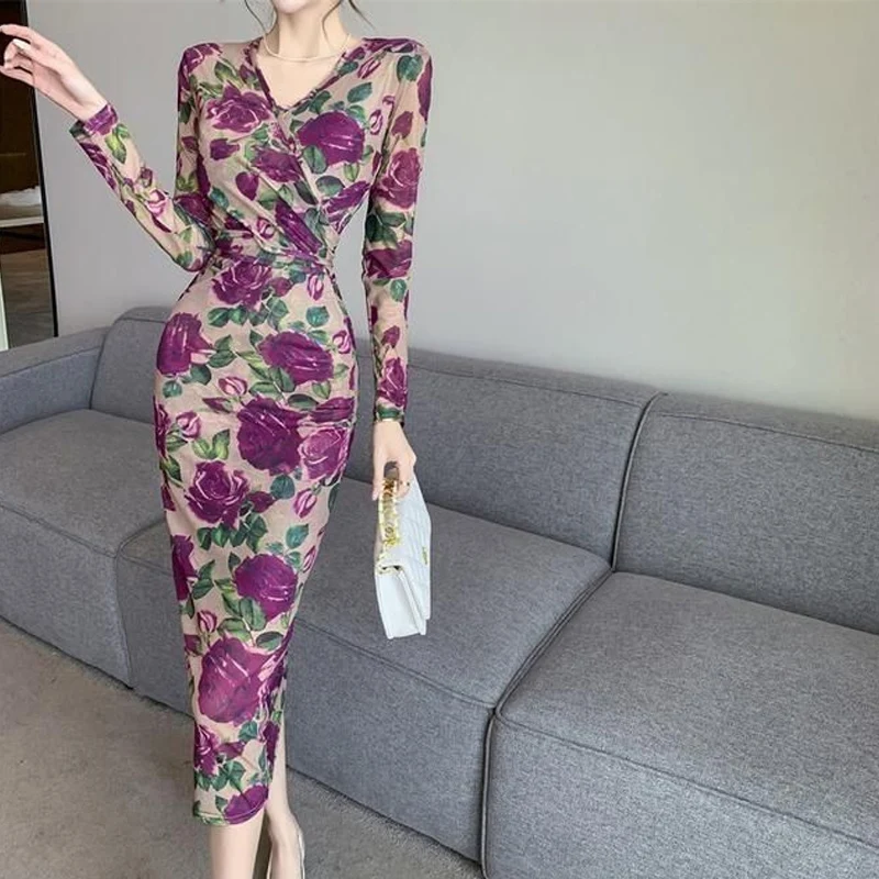 Frühling Herbst Elegante Kleid Sets Frauen V-ausschnitt Mode Langarm Vestidos High Street Slip Kleid Schnürung Blumen Druck Robe