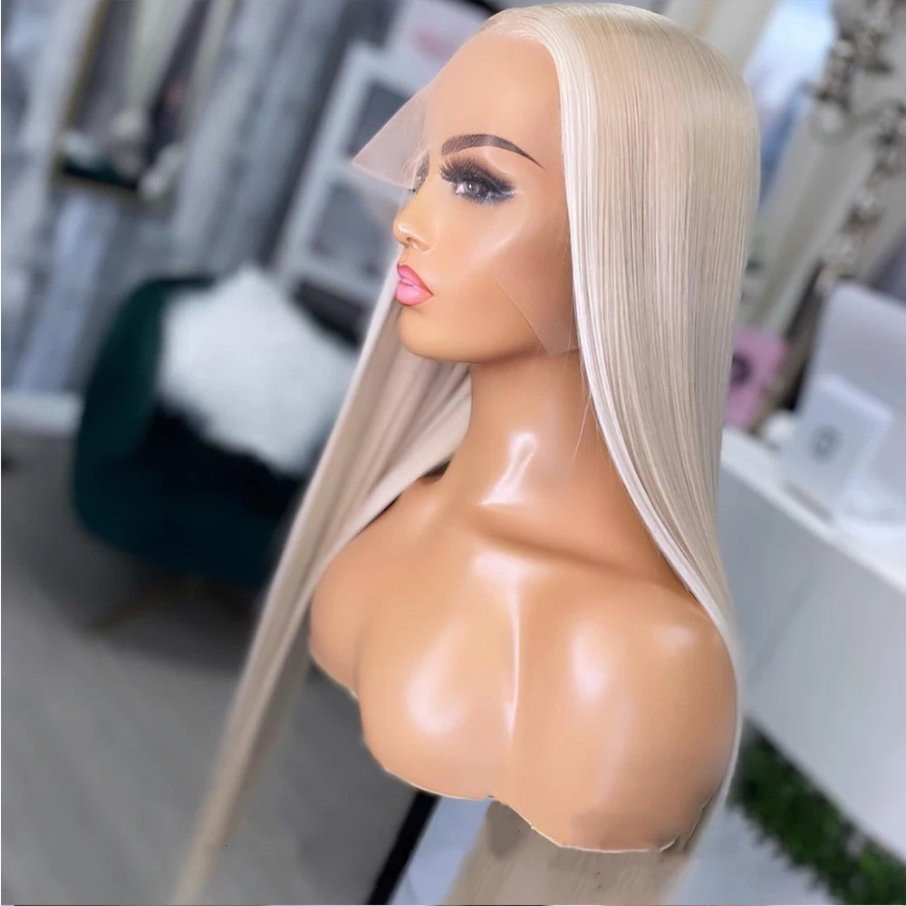 30 Inch Silky Straight Wig Ash Blonde Highlight Wig Human Hair Blended Synthetic Wigs for Women Heat Resistant Fiber Cosply