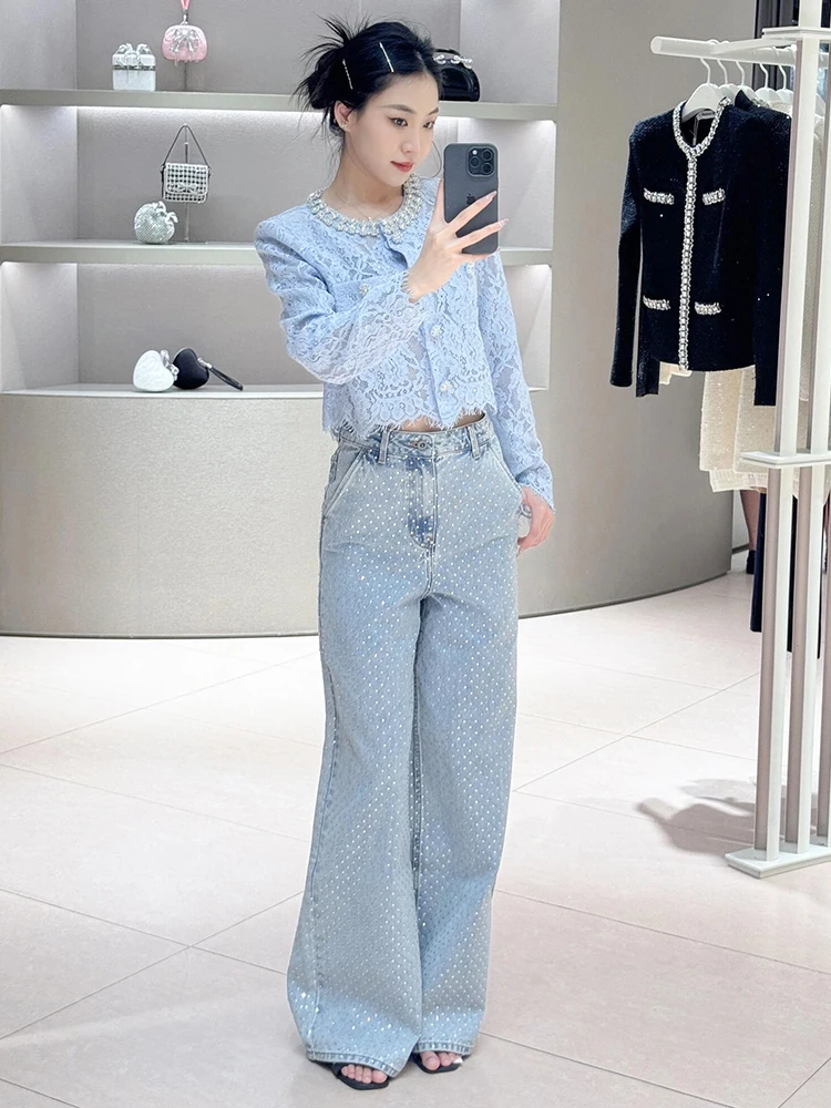 

High Waist Wide Leg Denim Jeans Sparkling Heavy Embelliment Summer 2025 Women's Premium Faion Casual Long Pants