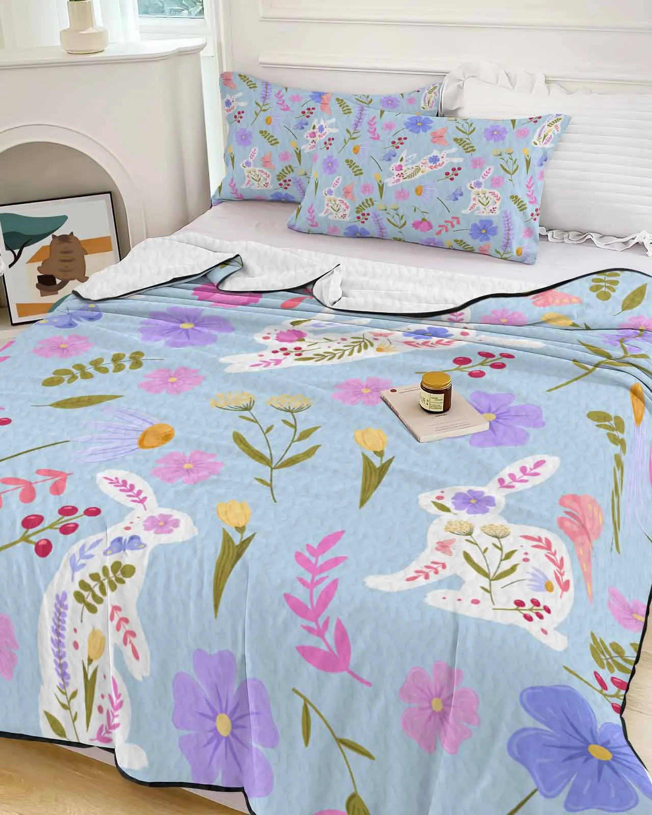 

Rabbit Easter Flower Abstract Blue Cooling Blankets Air Condition Comforter Lightweight Summer Quilt for Bed Soft Thin Quilt