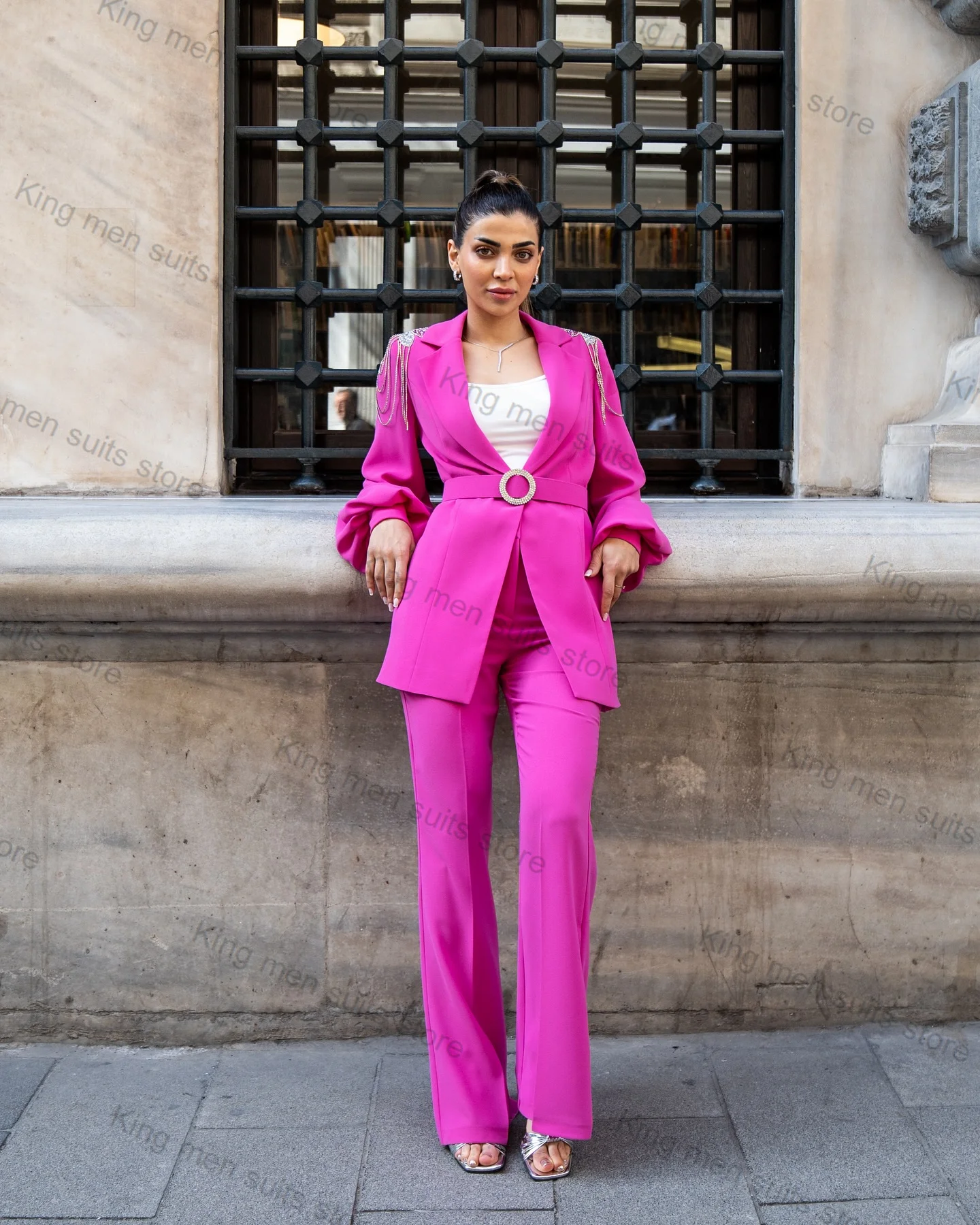 Conjunto de 2 piezas de Blazer y pantalones con cinturón para mujer, traje de boda con cuentas rosas, chaqueta Formal de oficina, abrigo de invitados de graduación, talla personalizada