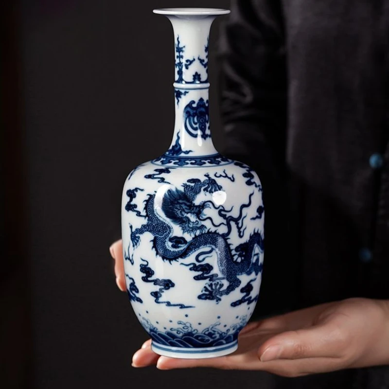 

Blue and white ceramic ornament hand-painted fine work double dragon long-necked vase desktop small vase