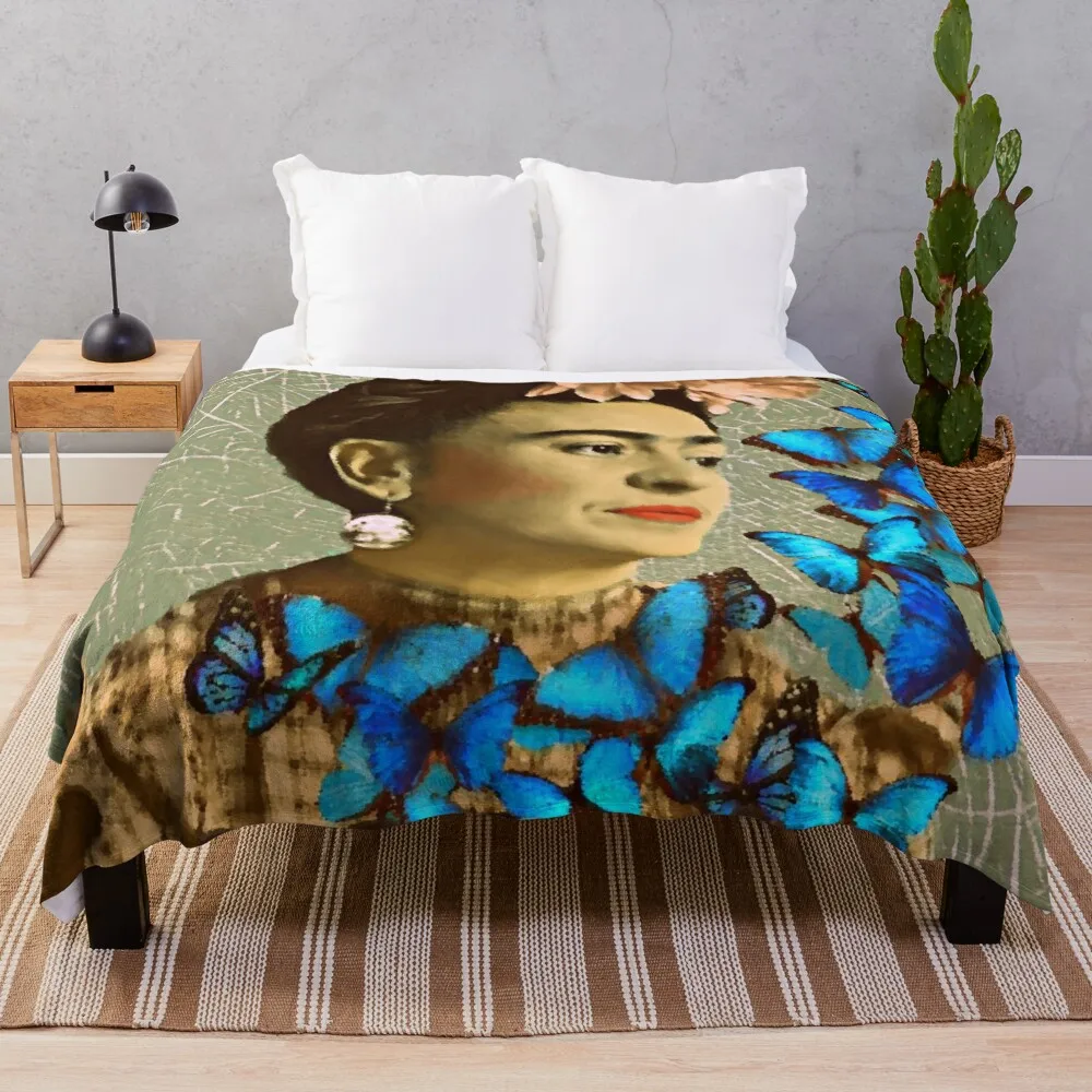 

Frida Kahlo with Blue Butterflies Painting Throw Blanket Luxury Designer Nap Luxury Sofa Quilt Blankets