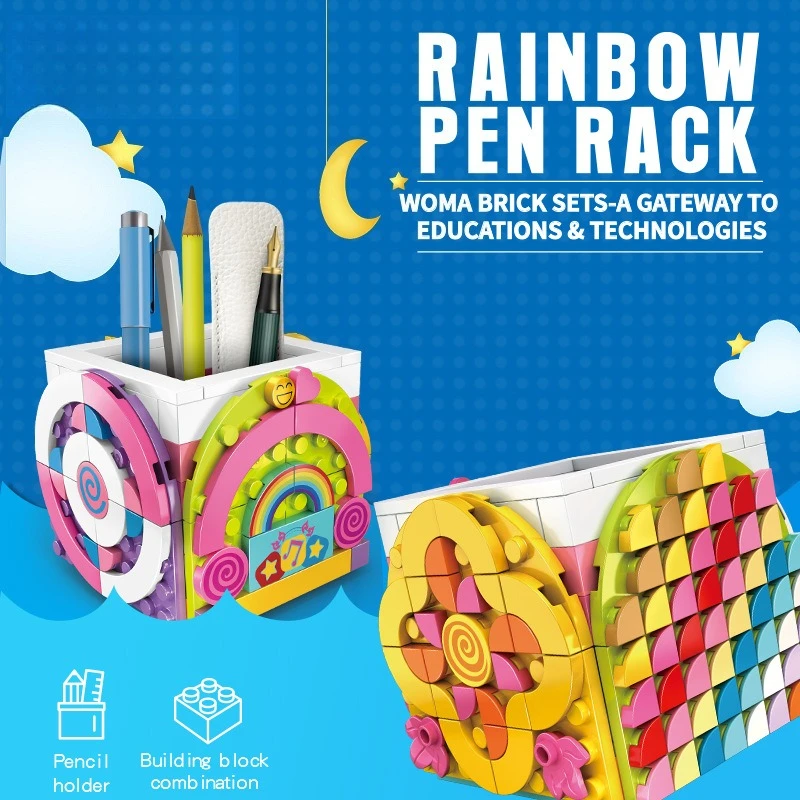 Blocchi da costruzione portapenne arcobaleno per bambini, ornamenti regalo per assemblaggio di piccole particelle fai-da-te per ragazzi e ragazze