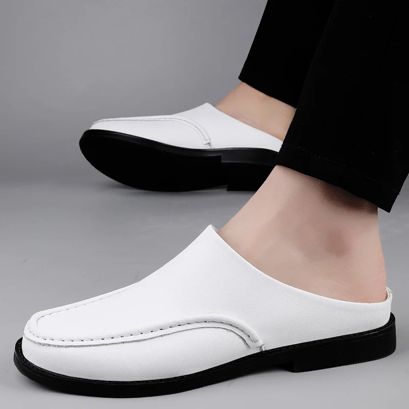 Summer White Open Back Casual Shoes Mules Men Backless Loafers Slippers Half Shoes Slip On Semi Drag Flats Man Slides Sandals