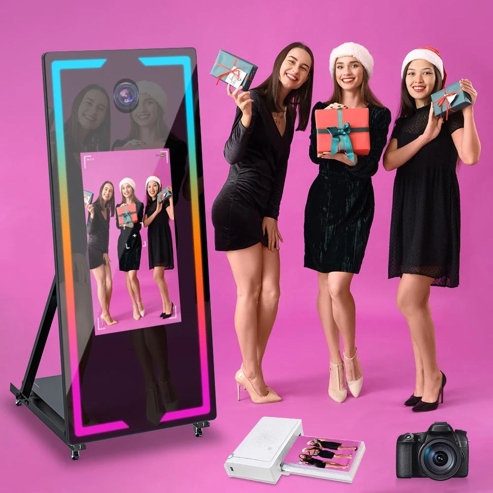 Selfie Mirror Photo Booth Machines Magic 65 inches Touch Screen Photobooth With Flight Case Portable Kiosk for Christmas Events