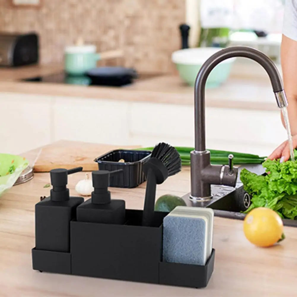 Multi-functional Sponge Holder Multi-functional Bathroom Organizer Tray with Dual Soap Dispensers Brush Holder Kitchen