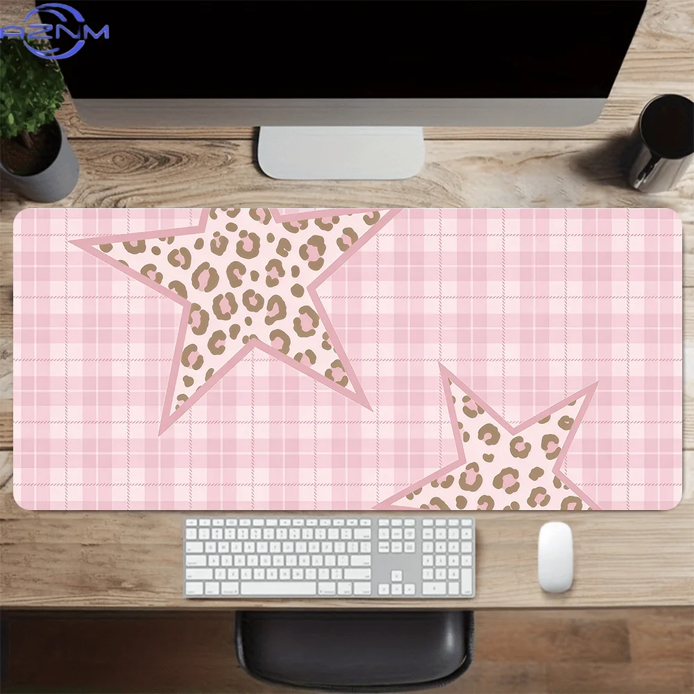 Large Size Pink Check Floral Leopard Print Star Pattern Mouse Pad  cm, Non-Slip Desk Mat with Stitched Edges, Keyboard Mat for O