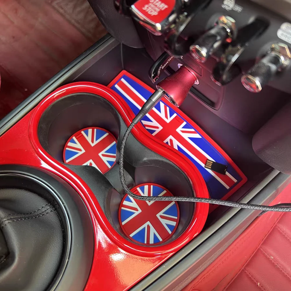 Black Union Jack Water Cup Mat Storage Groove Mat Set Interior For Mini Cooper S JCW F54 F55 F56 F57 F60 Countryman Clubman