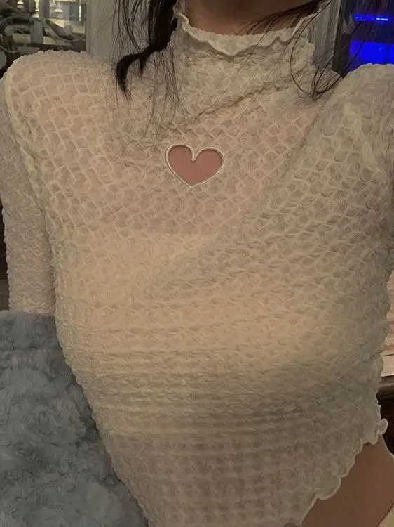 

Кружевная базовая блузка с длинным рукавом для женщин: новая модная модель весна-осень с маленькими сердечками, топ для ношения под одеждой