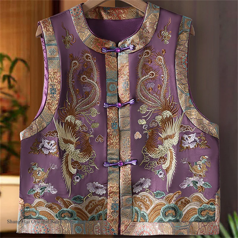 

Chinese Traditional Tang Costume Women's Vest Heavy Embroidery Phoenix Qipao Top Coat Vintage Buckle Waistcoat Jacket Outwear