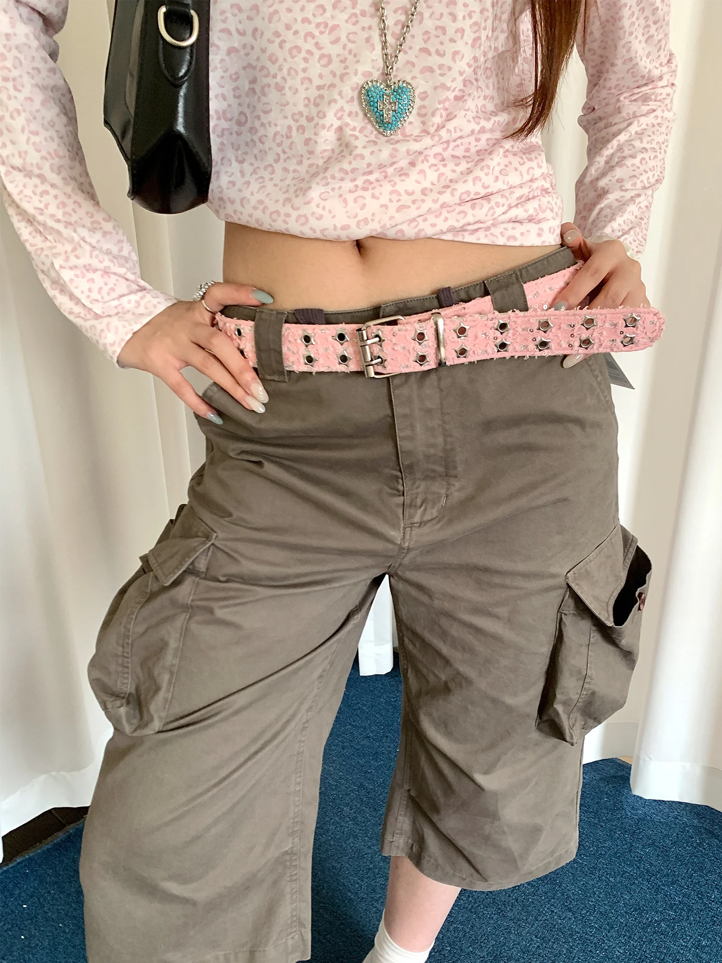 Y2K Millennium Style Pink Sequin Star Belt Women's Retro Studded Metal Buckle Belt Decoration For Jeans