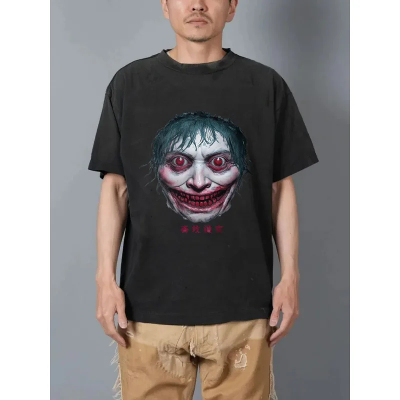

Мужская стираная футболка Black Horror Clown Face с красными глазами и китайским текстом, высокое качество, 100% хлопок, 230 г