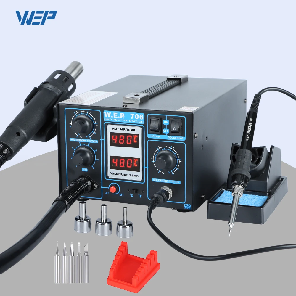 WEP 2-IN-1 Soldering Station Digital Solder Iron Kit Hor Air Rework Station Desoldering Gun Wire Clamp Bracket For SMD PCB Tool