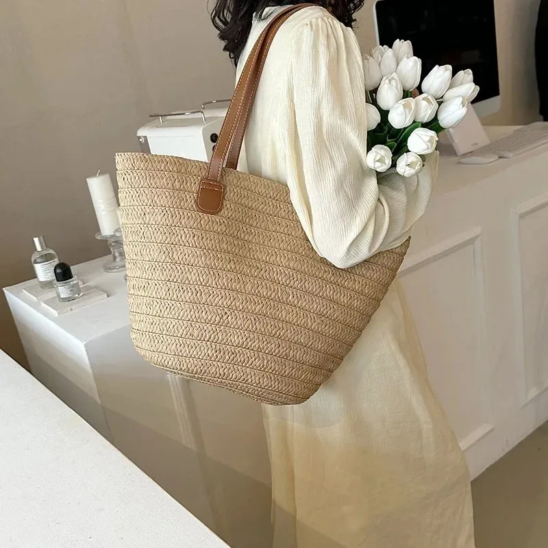 

Women's Fashion Straw Woven Beach Bag Summer Large Capacity Shoulder Tote Bali Shopper Luxury Designer Handbag