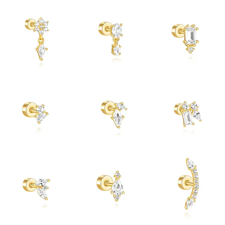 ROXI 925 Sterling Silver 1Piece geometric zircon tassel piercing earring for Women 18K gold flat head Party Wedding Jewelry image 3