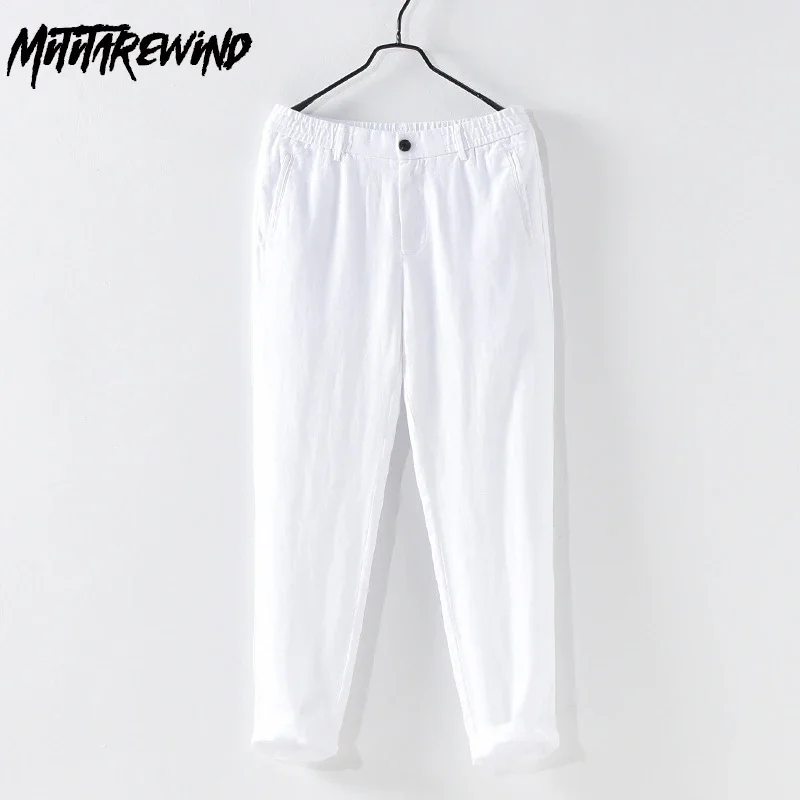 

Мужские брюки в японском стиле, дышащие летние пляжные брюки из 100% льна, однотонные прямые брюки с эластичной резинкой на талии, повседневные брюки, простые