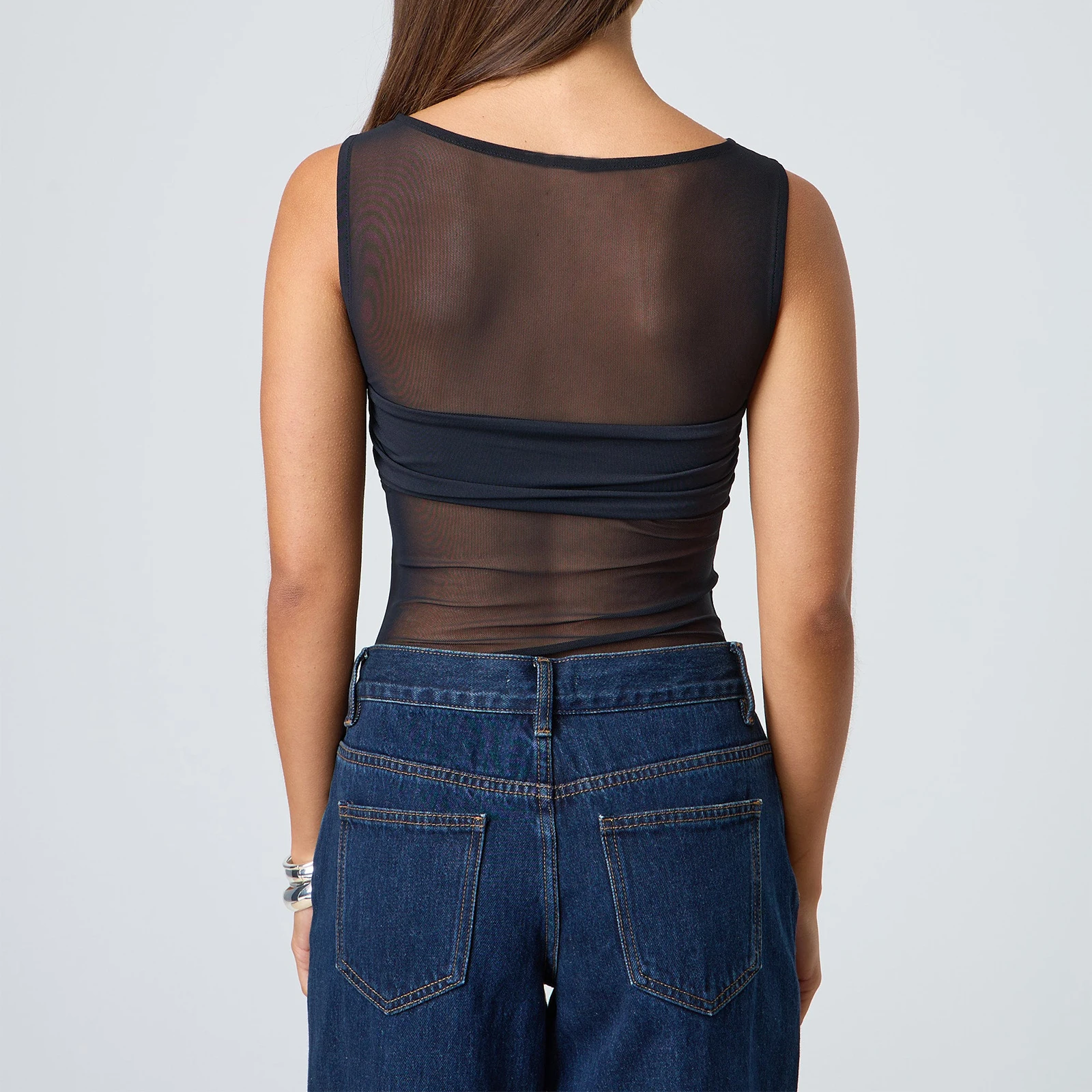 المرأة بقماش شفاف تانك القمم أكمام المحاصيل الأعلى موضة انظر من خلال شاش شفاف القمم الإناث سليم صالح Ruched سترة تيز #2